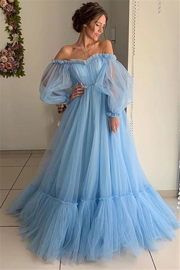 Still not know where to get your event dresses online? stylesnuggle offer you Gorgeous Off-The-Shoulder Long-Sleeves Sheer-Tulle A-Line Prom Party Gowns at factory price,  fast delivery worldwide.