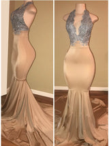 Luxurious champagne mermaid evening dresses,  halter deep v-neck lace applique long prom dresses,  party dresses sweep train.stylesnuggle custom made, Elegant design with top quality,  lowest price and free shipping,  affordable price, all colors and sizes.