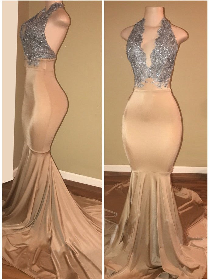 Luxurious champagne mermaid evening dresses,  halter deep v-neck lace applique long prom dresses,  party dresses sweep train.stylesnuggle custom made, Elegant design with top quality,  lowest price and free shipping,  affordable price, all colors and sizes.