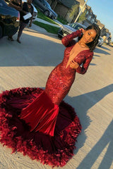 Burgundy Deep V-Neck Long Sleeve Mermaid Prom Dress With Sequins-stylesnuggle