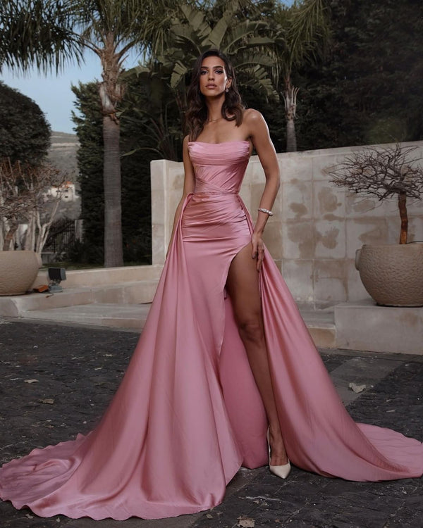 Dusty Pink Strapless Ruffles Mermaid Prom Dress Long With Slit-stylesnuggle